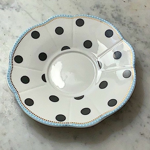 GRACES TEAWARE FLAT CUP SAUCER SET BLACK STRIPE & DOTS METALLIC GOLD DOTS NEW - Picture 12 of 14